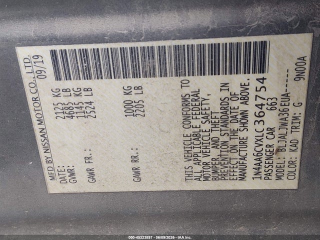 45323897 :رقم المزاد ، 1N4AA6CVXLC364754 vin ، 2020 Nissan Maxima Sv Xtronic Cvt مزاد بيع
