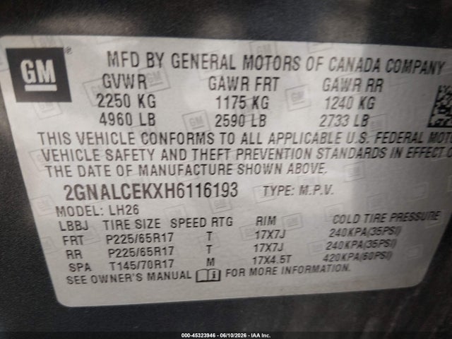 Aukcja sprzedaży 2017 Chevrolet Equinox Lt, vin: 2GNALCEKXH6116193, numer aukcji: 45323946