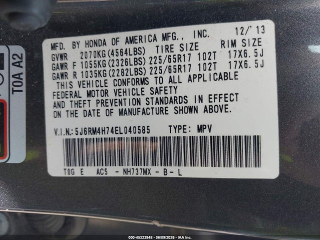 45323948 :رقم المزاد ، 5J6RM4H74EL040585 vin ، 2014 Honda Cr-v Ex-l مزاد بيع