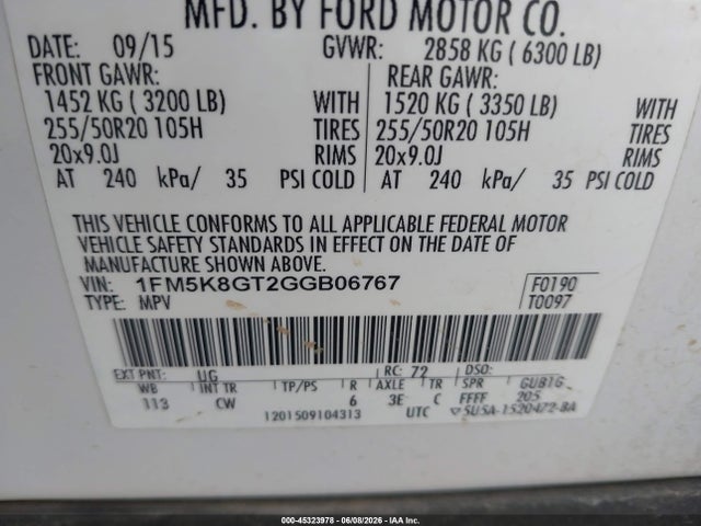 Ford EXPLORER SPORT 2016 1FM5K8GT2GGB06767 Image 9