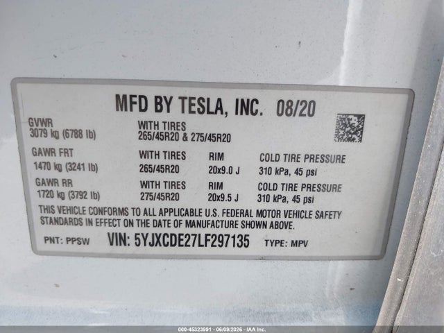 45323991 :رقم المزاد ، 5YJXCDE27LF297135 vin ، 2020 Tesla Model X Long Range Dual Motor All-wheel Drive/long Range Plus Dual Motor All-wheel Drive مزاد بيع