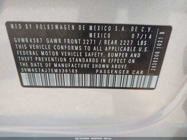 2014 Volkswagen Jetta Gli Edition 30 მანქანა იყიდება აუქციონზე, vin: 3VW4S7AJ7EM336189, აუქციონის ნომერი: 45324009