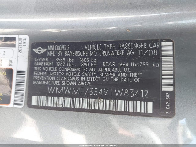 2009 Mini Cooper S მანქანა იყიდება აუქციონზე, vin: WMWMF73549TW83412, აუქციონის ნომერი: 45324013