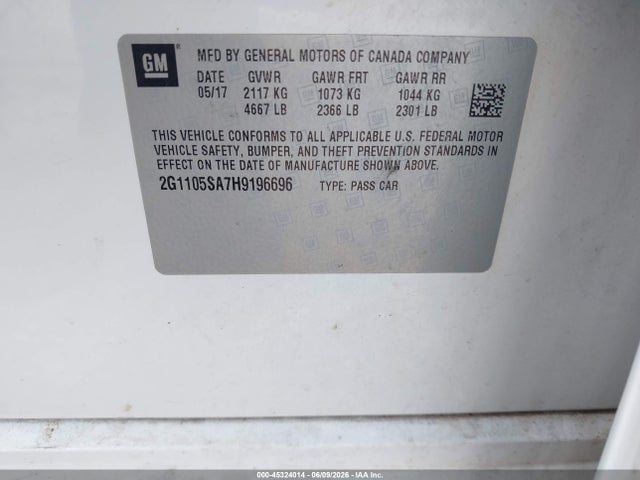 45324014 :رقم المزاد ، 2G1105SA7H9196696 vin ، 2017 Chevrolet Impala 1lt مزاد بيع
