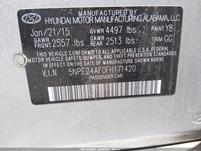 45324043 :رقم المزاد ، 5NPE24AF0FH171420 vin ، 2015 Hyundai Sonata Se مزاد بيع