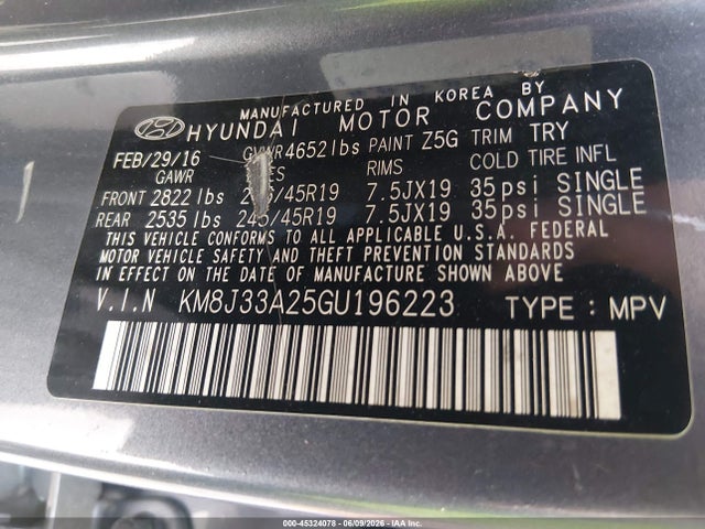 Aukcja sprzedaży 2016 Hyundai Tucson Limited, vin: KM8J33A25GU196223, numer aukcji: 45324078