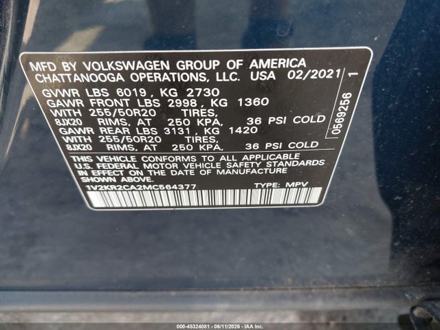 Продаж на аукціоні авто 2021 Volkswagen Atlas 3.6l V6 Se W/technology, vin: 1V2KR2CA2MC564377, номер лоту: 45324081