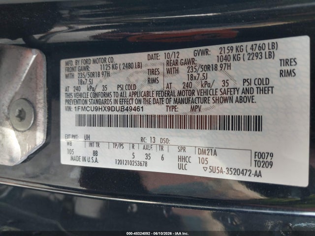 Aukcja sprzedaży 2013 Ford Escape Sel, vin: 1FMCU9HX9DUB49461, numer aukcji: 45324092
