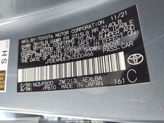 2022 Toyota Corolla Hybrid Le მანქანა იყიდება აუქციონზე, vin: JTDEAMDE3N3000466, აუქციონის ნომერი: 45324100
