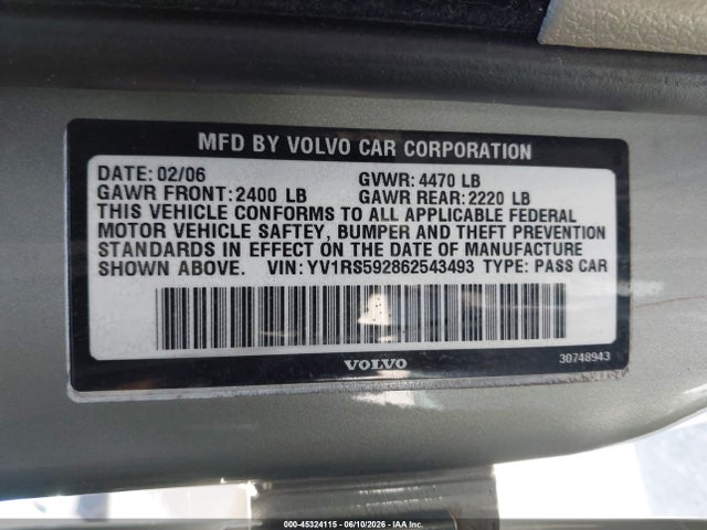 45324115 :رقم المزاد ، YV1RS592862543493 vin ، 2006 Volvo S60 2.5t مزاد بيع