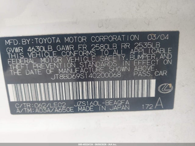 Продаж на аукціоні авто 2004 Lexus Gs 300, vin: JT8BD69S140200068, номер лоту: 45324124