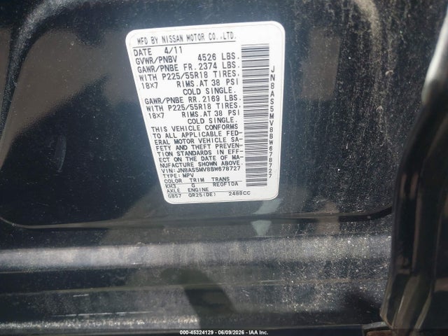 Aukcja sprzedaży 2011 Nissan Rogue Sv, vin: JN8AS5MV8BW678727, numer aukcji: 45324129