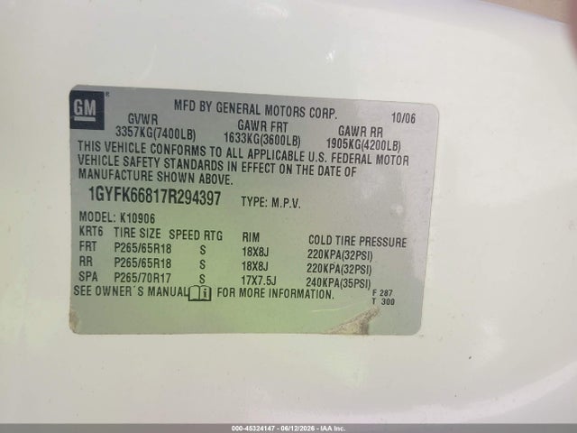 Продаж на аукціоні авто 2007 Cadillac Escalade Esv Standard, vin: 1GYFK66817R294397, номер лоту: 45324147