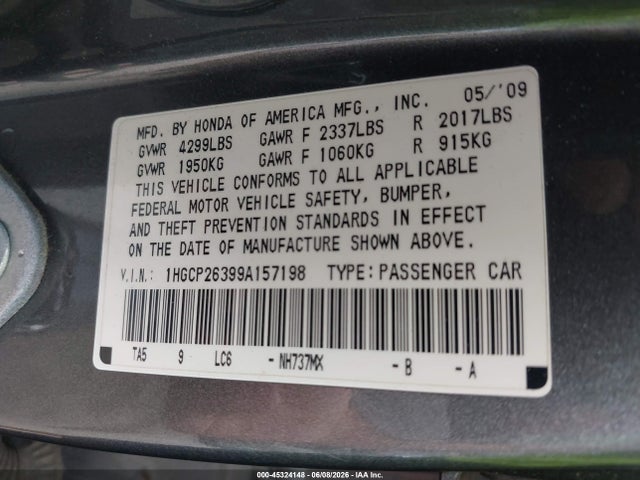 Продажа на аукционе авто 2009 Honda Accord 2.4 Lx, vin: 1HGCP26399A157198, номер лота: 45324148