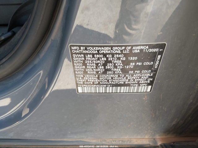 45324152 :رقم المزاد ، 1V2PE2CA8MC208131 vin ، 2021 Volkswagen Atlas Cross Sport 3.6l V6 Se W/technology R-line مزاد بيع