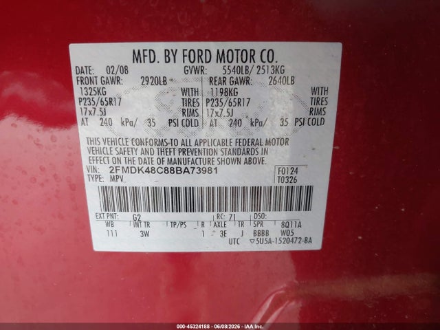 45324188 :رقم المزاد ، 2FMDK48C88BA73981 vin ، 2008 Ford Edge Sel مزاد بيع