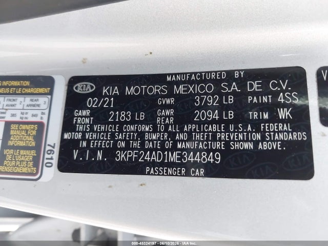 45324197 :رقم المزاد ، 3KPF24AD1ME344849 vin ، 2021 Kia Forte Lxs مزاد بيع