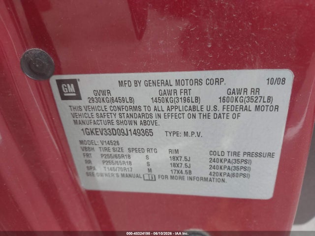 Aukcja sprzedaży 2009 Gmc Acadia Slt-2, vin: 1GKEV33D09J149365, numer aukcji: 45324198