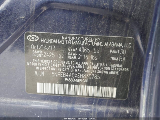 45324207 :رقم المزاد ، 5NPEB4ACXEH830785 vin ، 2014 Hyundai Sonata Gls مزاد بيع