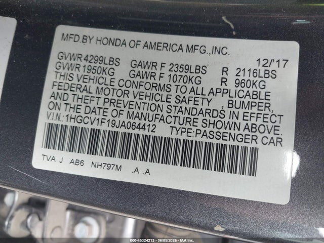 2018 Honda Accord Lx მანქანა იყიდება აუქციონზე, vin: 1HGCV1F19JA064412, აუქციონის ნომერი: 45324213