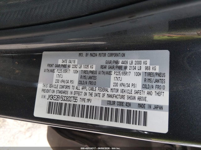 Aukcja sprzedaży 2016 Mazda Cx-5 Sport, vin: JM3KE2BY5G0800755, numer aukcji: 45324217