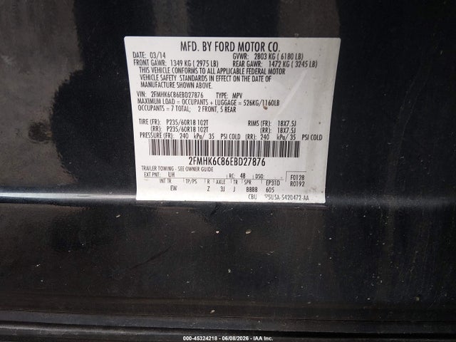 45324218 :رقم المزاد ، 2FMHK6C86EBD27876 vin ، 2014 Ford Flex Sel مزاد بيع