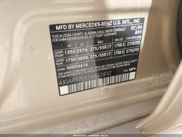Aukcja sprzedaży 2005 Mercedes-benz Ml 350 4matic, vin: 4JGAB57EX5A542832, numer aukcji: 45324224