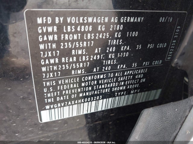 WVGRV7AX4HK003203 Volkswagen Tiguan 2.0t Wolfsburg Edition