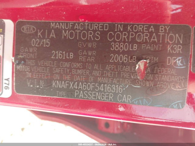 45324227 :رقم المزاد ، KNAFX4A60F5416316 vin ، 2015 Kia Forte Lx مزاد بيع
