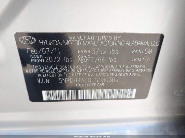 Aukcja sprzedaży 2011 Hyundai Elantra Gls, vin: 5NPDH4AE0BH030309, numer aukcji: 45324228