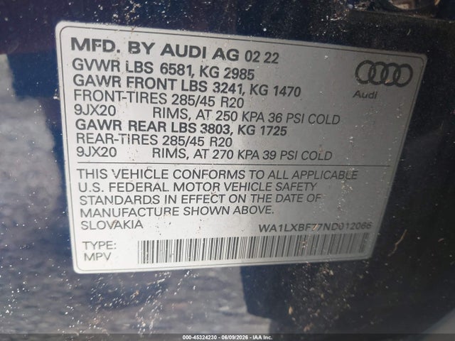 Продаж на аукціоні авто 2022 Audi Q7 Premium Plus 55 Tfsi Quattro Tiptronic, vin: WA1LXBF77ND012066, номер лоту: 45324230