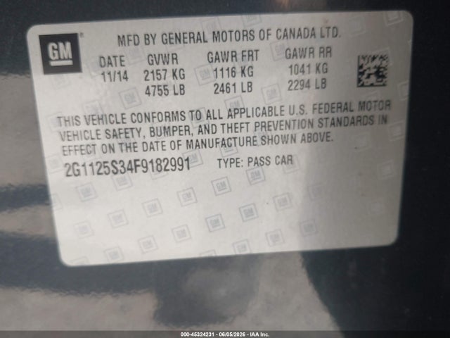Продаж на аукціоні авто 2015 Chevrolet Impala 2lt, vin: 2G1125S34F9182991, номер лоту: 45324231