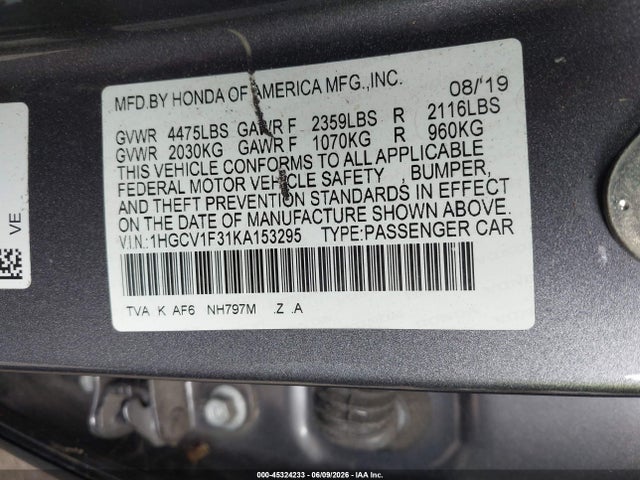 Aukcja sprzedaży 2019 Honda Accord Sport, vin: 1HGCV1F31KA153295, numer aukcji: 45324233