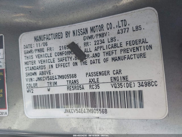 Aukcja sprzedaży 2007 Infiniti G35, vin: JNKCV54E47M905568, numer aukcji: 45324235