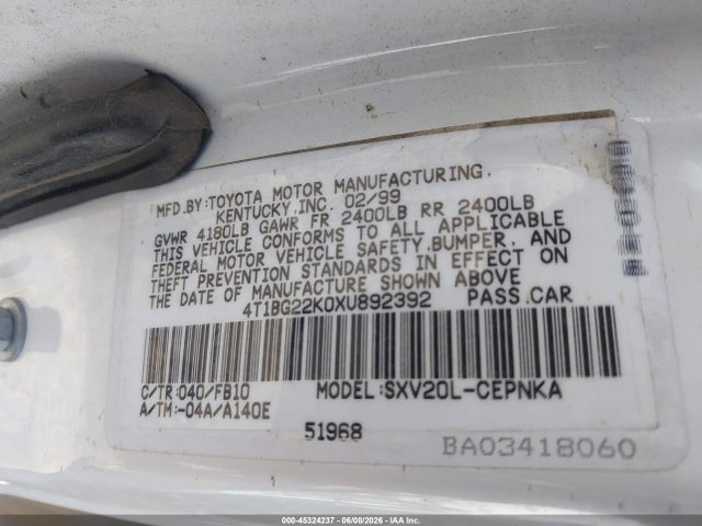 1999 Toyota Camry Le მანქანა იყიდება აუქციონზე, vin: 4T1BG22K0XU892392, აუქციონის ნომერი: 45324237