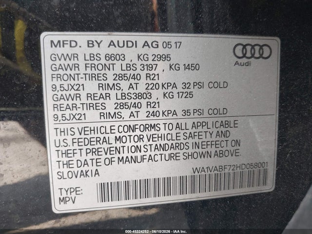 Продаж на аукціоні авто 2017 Audi Q7 3.0t Premium, vin: WA1VABF72HD058001, номер лоту: 45324252