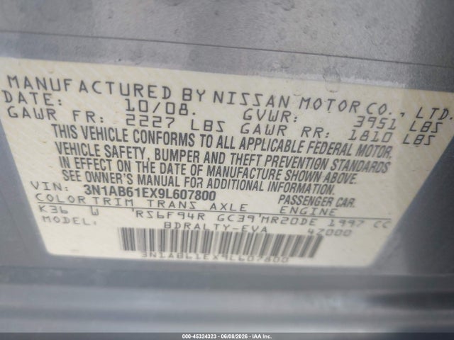 Aukcja sprzedaży 2009 Nissan Sentra 2.0s, vin: 3N1AB61EX9L607800, numer aukcji: 45324323