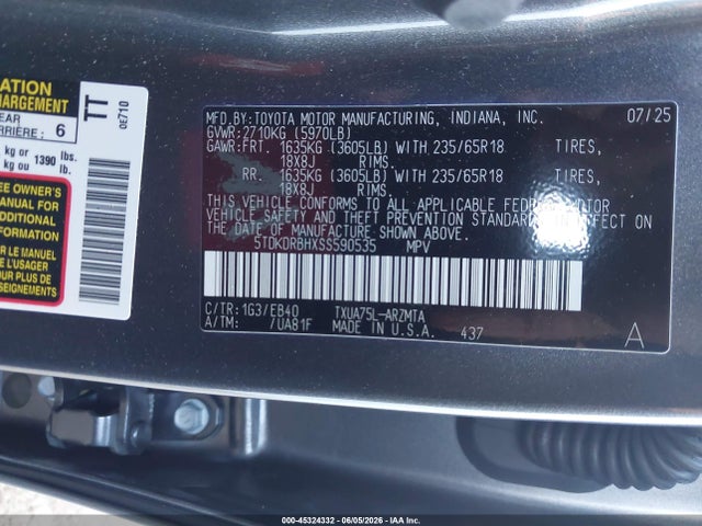 2025 Toyota Highlander Xle მანქანა იყიდება აუქციონზე, vin: 5TDKDRBHXSS590535, აუქციონის ნომერი: 45324332