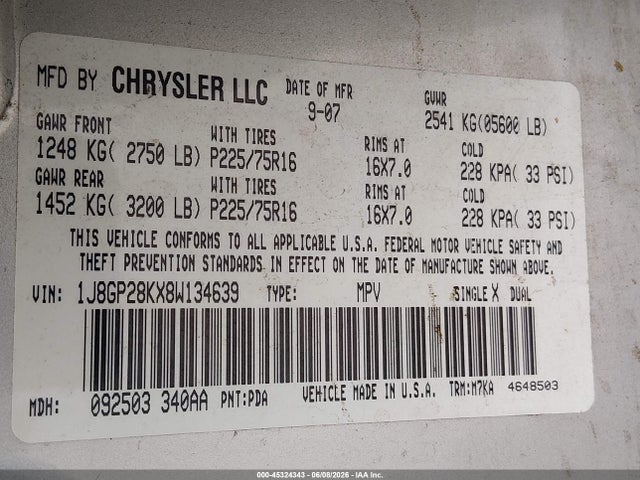 45324343 :رقم المزاد ، 1J8GP28KX8W134639 vin ، 2008 Jeep Liberty Sport مزاد بيع