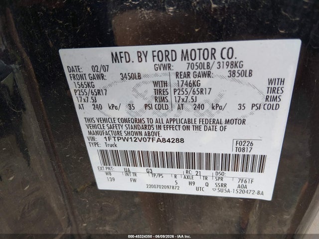 2007 Ford F-150 Lariat/xlt მანქანა იყიდება აუქციონზე, vin: 1FTPW12V07FA84288, აუქციონის ნომერი: 45324350