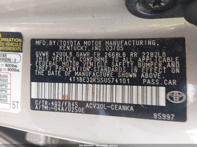 Aukcja sprzedaży 2005 Toyota Camry Std, vin: 4T1BE32K55U574101, numer aukcji: 45324357