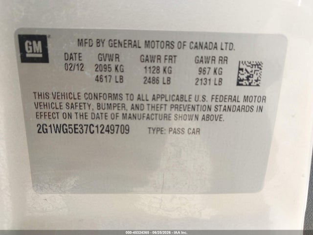 45324365 :رقم المزاد ، 2G1WG5E37C1249709 vin ، 2012 Chevrolet Impala Lt مزاد بيع