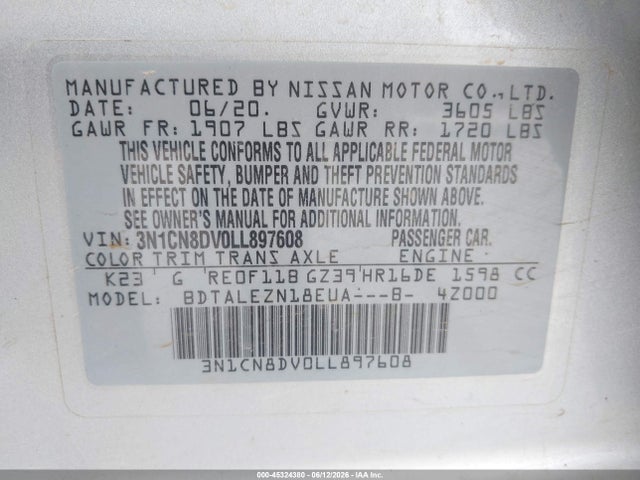 3N1CN8DV0LL897608 Nissan Versa S Xtronic Cvt