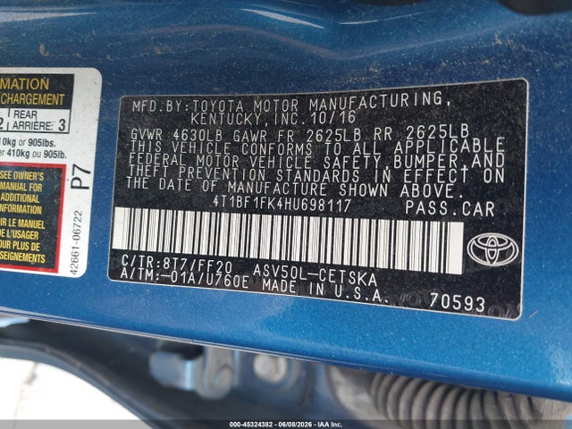 2017 Toyota Camry Se მანქანა იყიდება აუქციონზე, vin: 4T1BF1FK4HU698117, აუქციონის ნომერი: 45324382