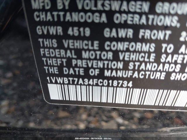 Продаж на аукціоні авто 2015 Volkswagen Passat 1.8t Se, vin: 1VWBT7A34FC018734, номер лоту: 45324384