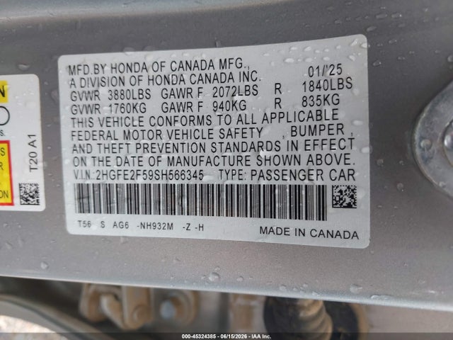 45324385 :رقم المزاد ، 2HGFE2F59SH566345 vin ، 2025 Honda Civic Sport مزاد بيع
