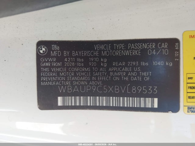 2011 Bmw 128i მანქანა იყიდება აუქციონზე, vin: WBAUP9C5XBVL89533, აუქციონის ნომერი: 45324391