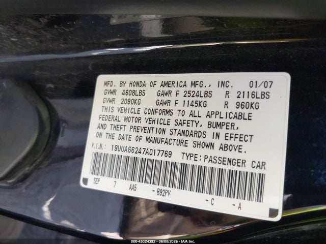 Aukcja sprzedaży 2007 Acura Tl 3.2, vin: 19UUA66247A017769, numer aukcji: 45324392