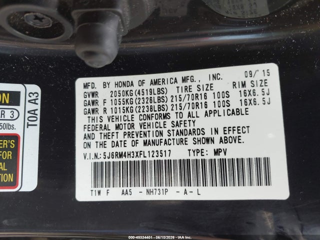 Honda CR-V LX 2015 5J6RM4H3XFL123517 Image 9