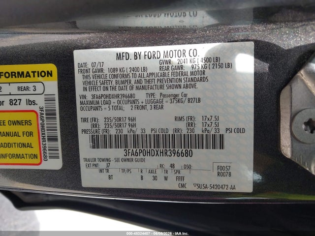 Ford FUSION SE 2017 3FA6P0HDXHR396680 Image 9